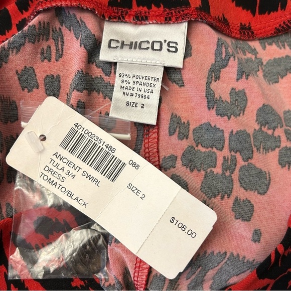 NWT CHICOS Tule 3/4 Sleeve Dress in Ancient Swirl Tomato/Black - Picture 11 of 13
